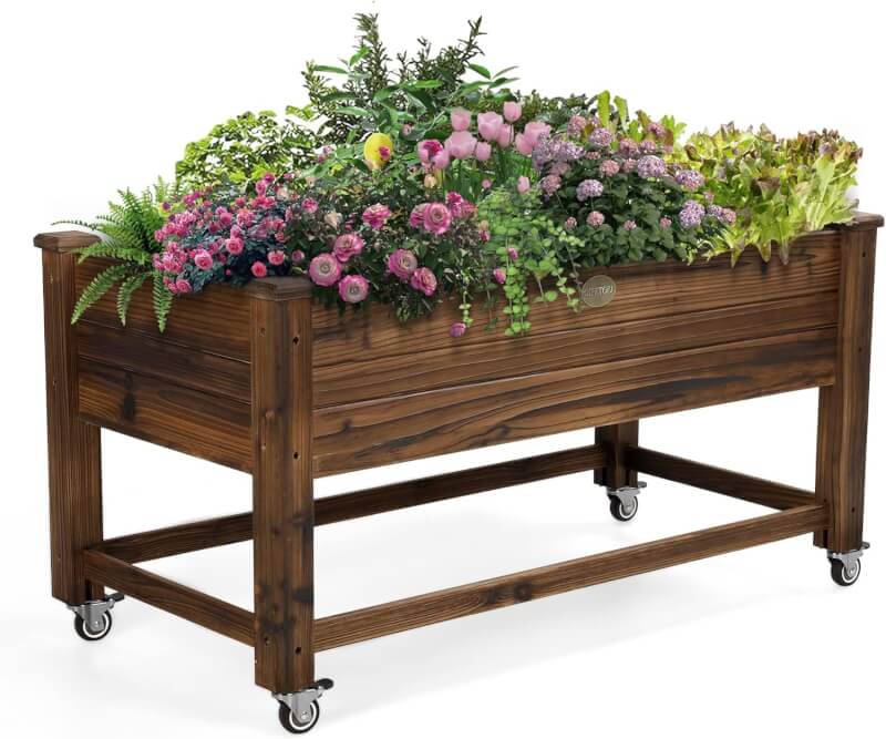 Cedar Wood Outdoor Raised Garden Bed Planter Box with Locking Wheels, 41x21x20 inch, Carbonization Color