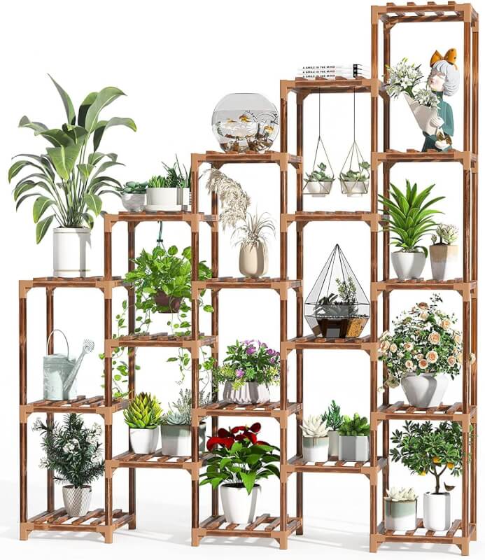 cfmour Plant Stand Indoor Outdoor, 61.8 Tall 19 Tier Super Large Plant Shelf Multi Tiered Wood Flower Shelves Wooden Rack Garden Holder Planter Display For Yard Patio Lawn Balcony Living Room