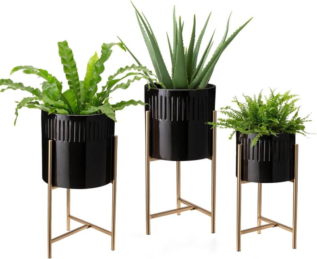 glitzhome mid century plant stand with pot set of 3 modern metal planters with stands flower pot holders perfect for ind