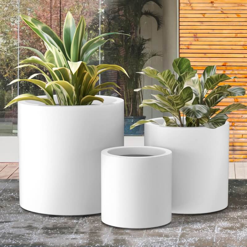 Kante RC0119ABC-C80011 Set of 3 Lightweight Concrete Modern Cylinder Outdoor Planters, 15.8, 12.9 and 9.8 Inch Diameter, Pure White